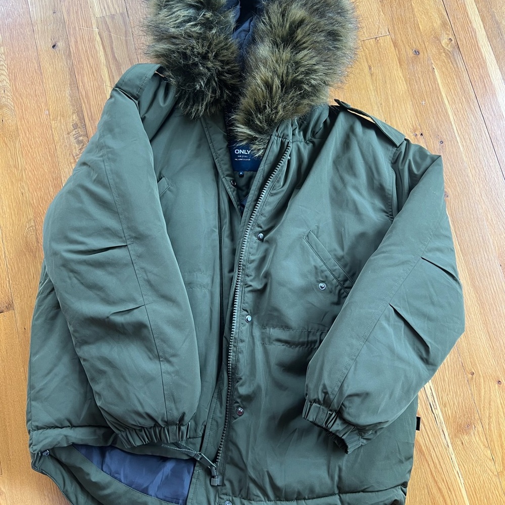 ONLY Olive Green Parka with Faux Fur Hood